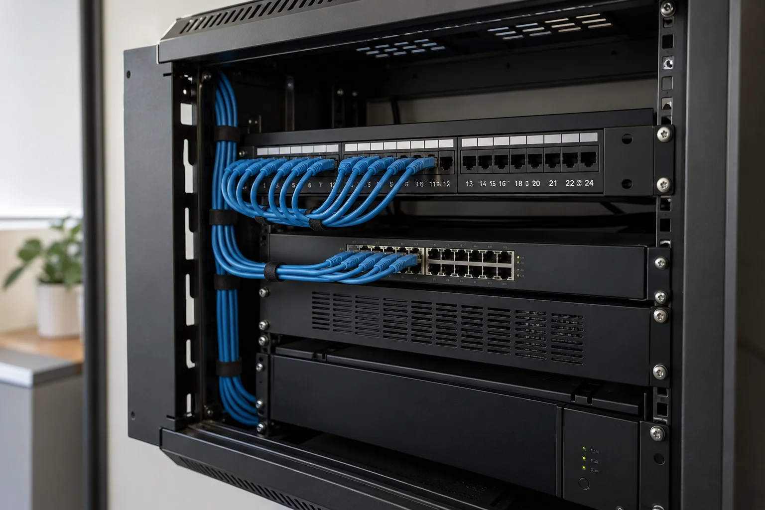 A patch panel and switch with neatly routed ethernet cables