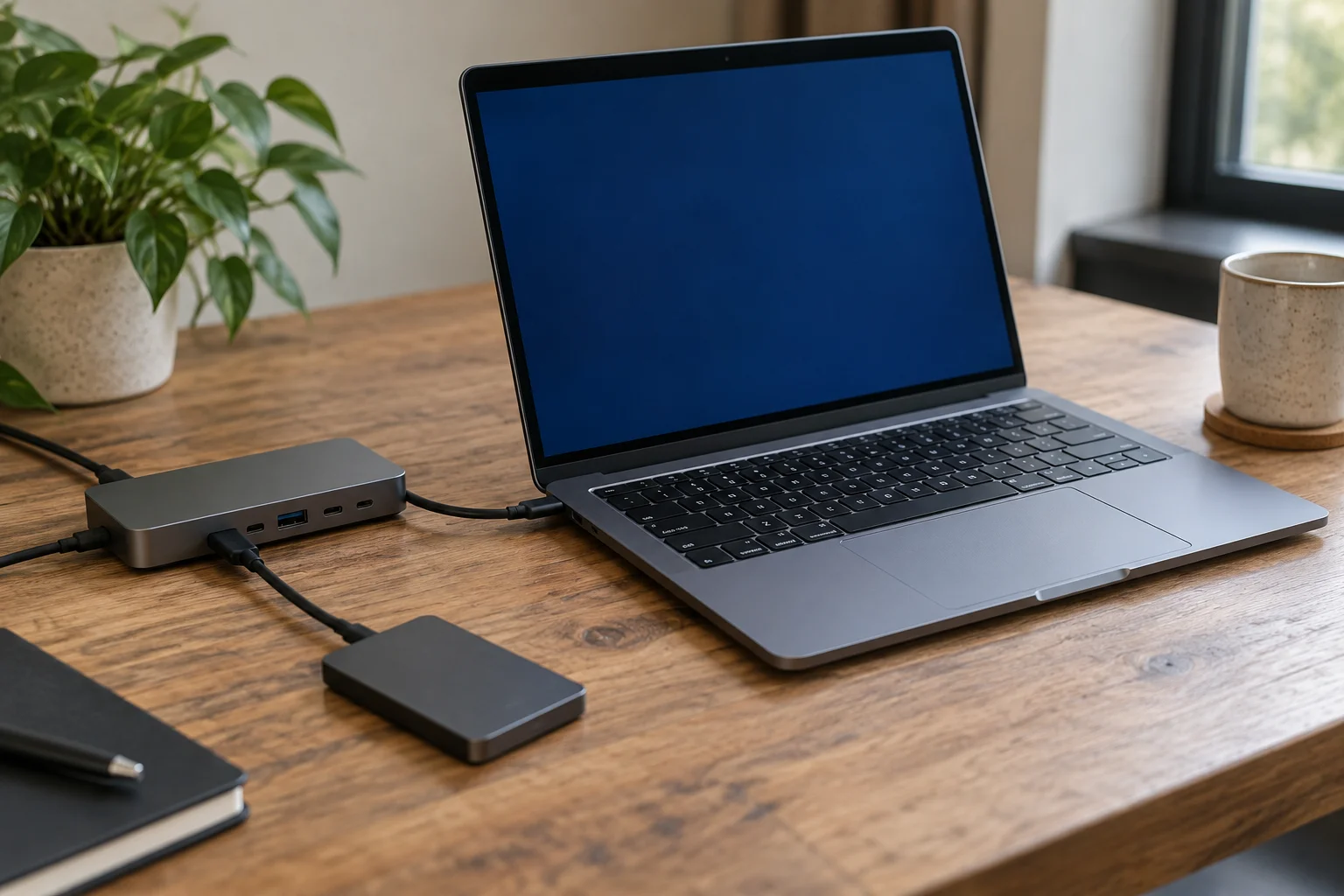 A laptop, docking station and external drive prepared on a desk