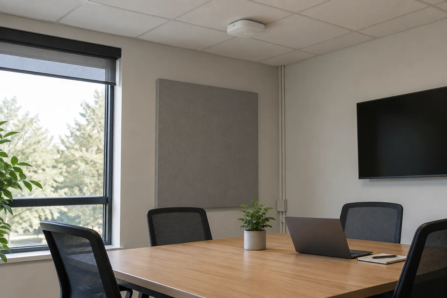 A small meeting room with a ceiling-mounted wireless access point