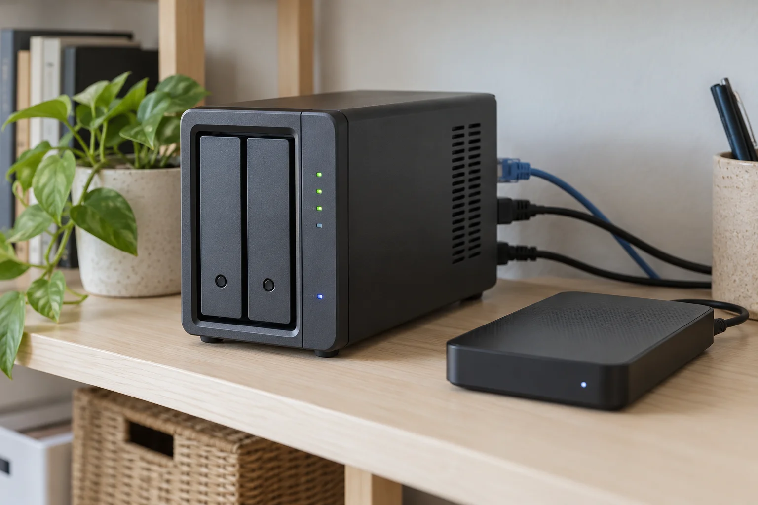 A desktop network storage unit and external backup drive
